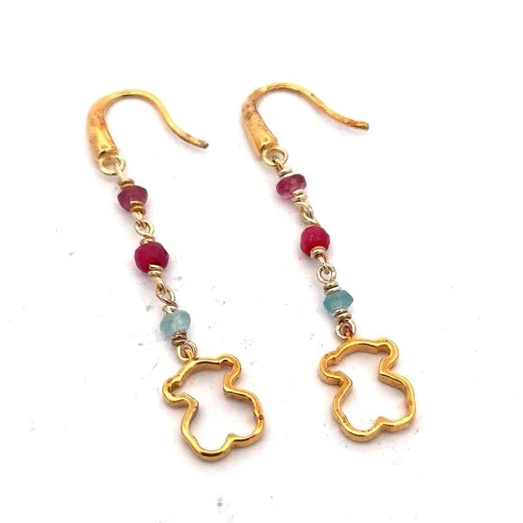 Designer TOUS 925 Sterling Silver Vermeil Aquamarine Amethyst Ruby Drop Earrings - Picture 1 of 12